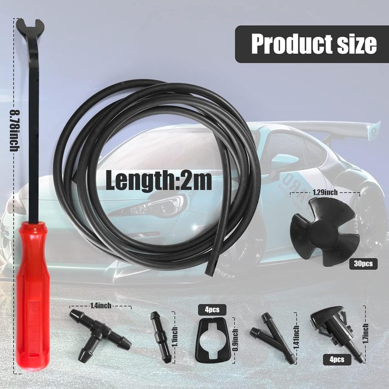 OSIFIT Windshield Washer Hose Kit, 2M Washer Fluid Hose+3 Pcs Hose Connectors+4 Fan Nozzles+4 Rubber Gaskets +30 Pcs Cap Heat Insulation Clips, Connect Car Water Pump and Nozzles, Suitable for Most Car - Image 2